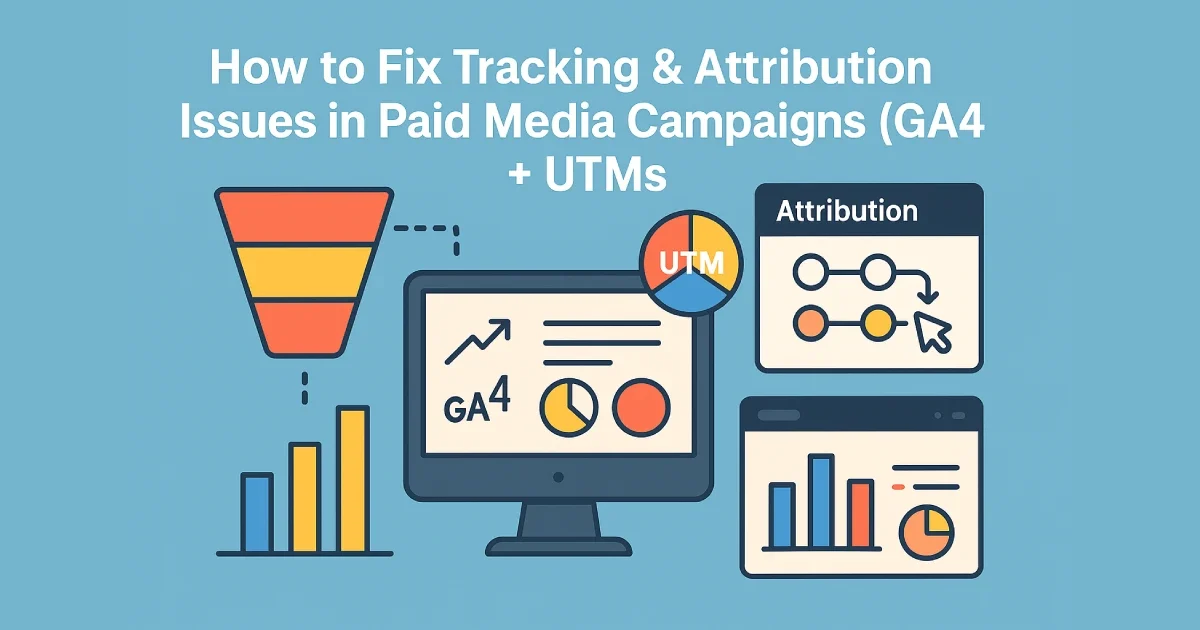Illustration showing attribution models, UTM parameters, GA4 tracking flows, and paid media dashboards.