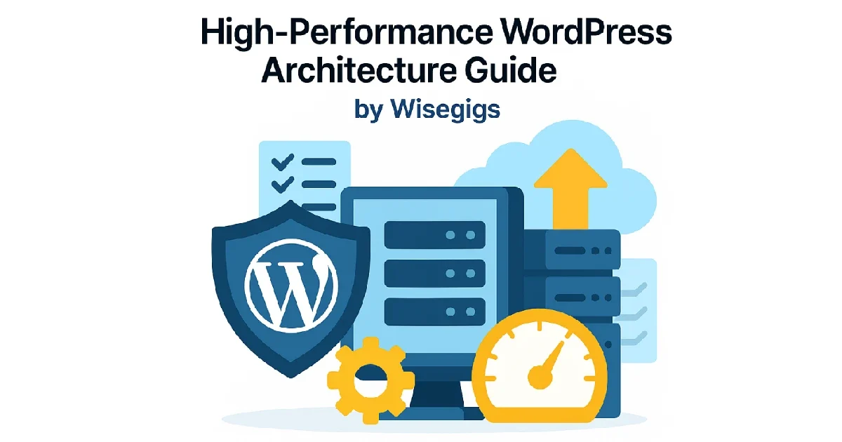 Illustration showing high-performance WordPress architecture with servers, cloud icons, and optimization symbols.