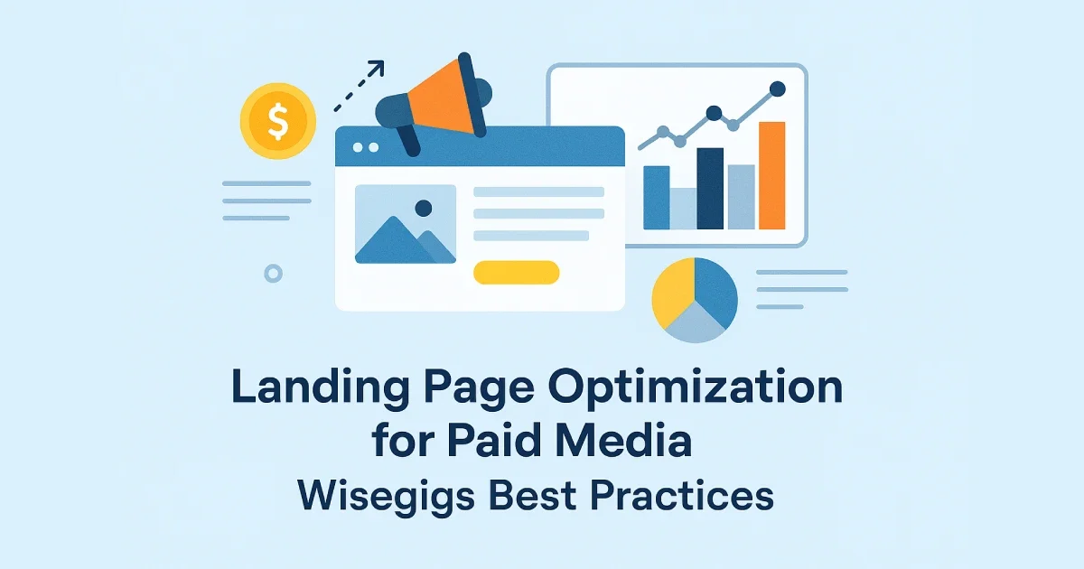 Flat digital illustration showing landing page optimization steps for paid media campaigns.