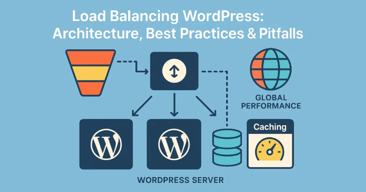 Illustration showing a load balancer distributing traffic between multiple WordPress servers, with caching layers, database nodes, and global performance architecture.