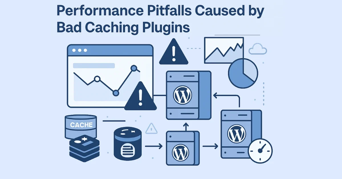 Illustration showing misconfigured WordPress caching layers causing performance issues, with warning icons and slow performance indicators.