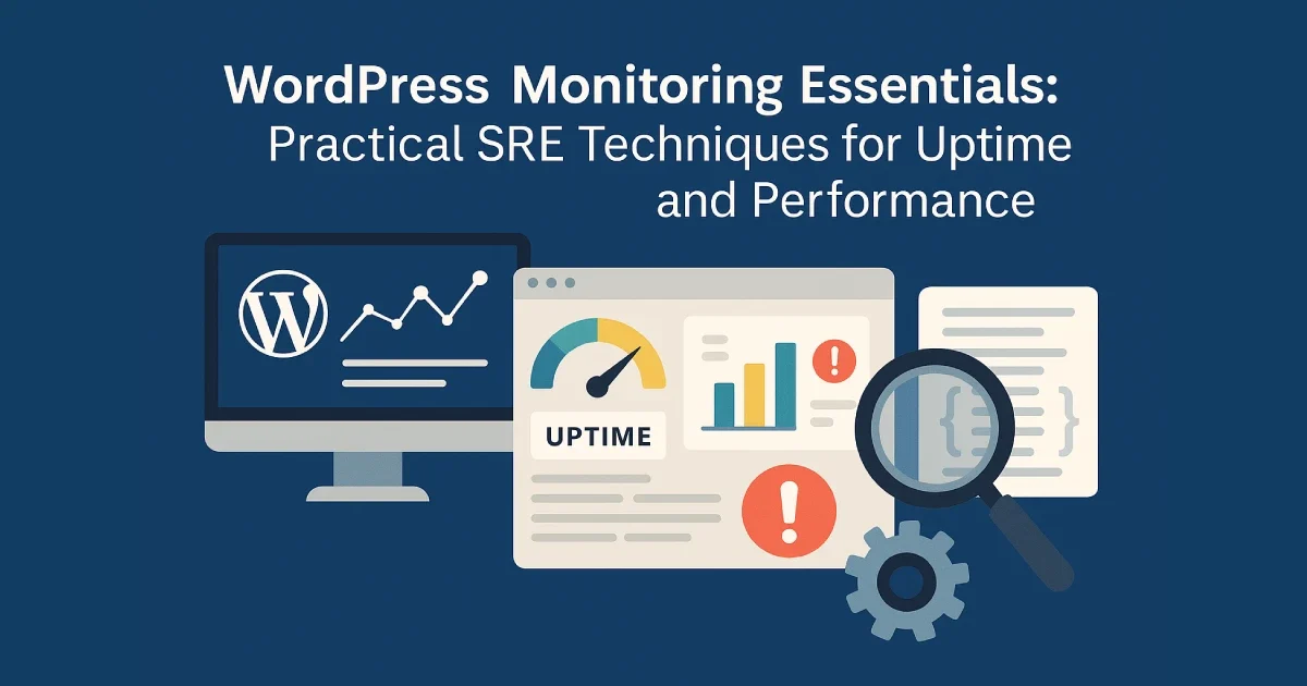 Flat digital illustration showing monitoring dashboards and SRE tools for WordPress uptime and performance.