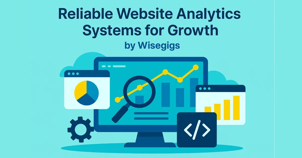 Flat digital illustration showing analytics dashboards, charts, and tracking tools for reliable website analytics.