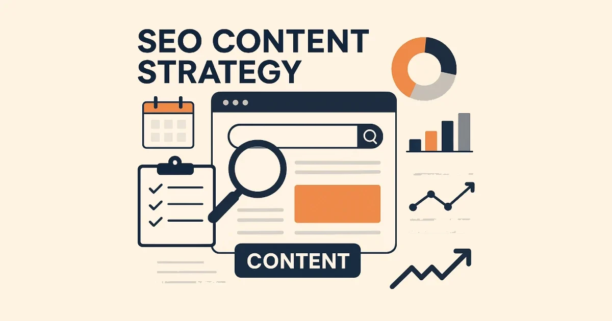 Flat digital illustration showing SEO strategy elements, content planning, and search performance charts.