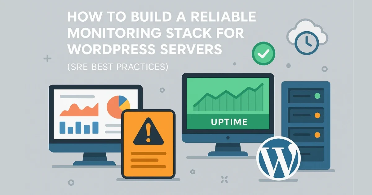 Illustration showing server dashboards, uptime graphs, alert icons, and WordPress symbols representing monitoring and SRE practices for hosting environments.