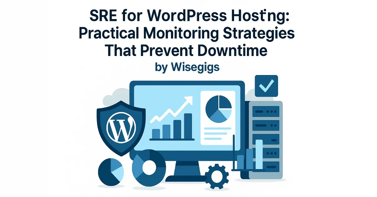Digital illustration showing WordPress hosting monitoring and SRE concepts such as dashboards, charts, and server stability icons.