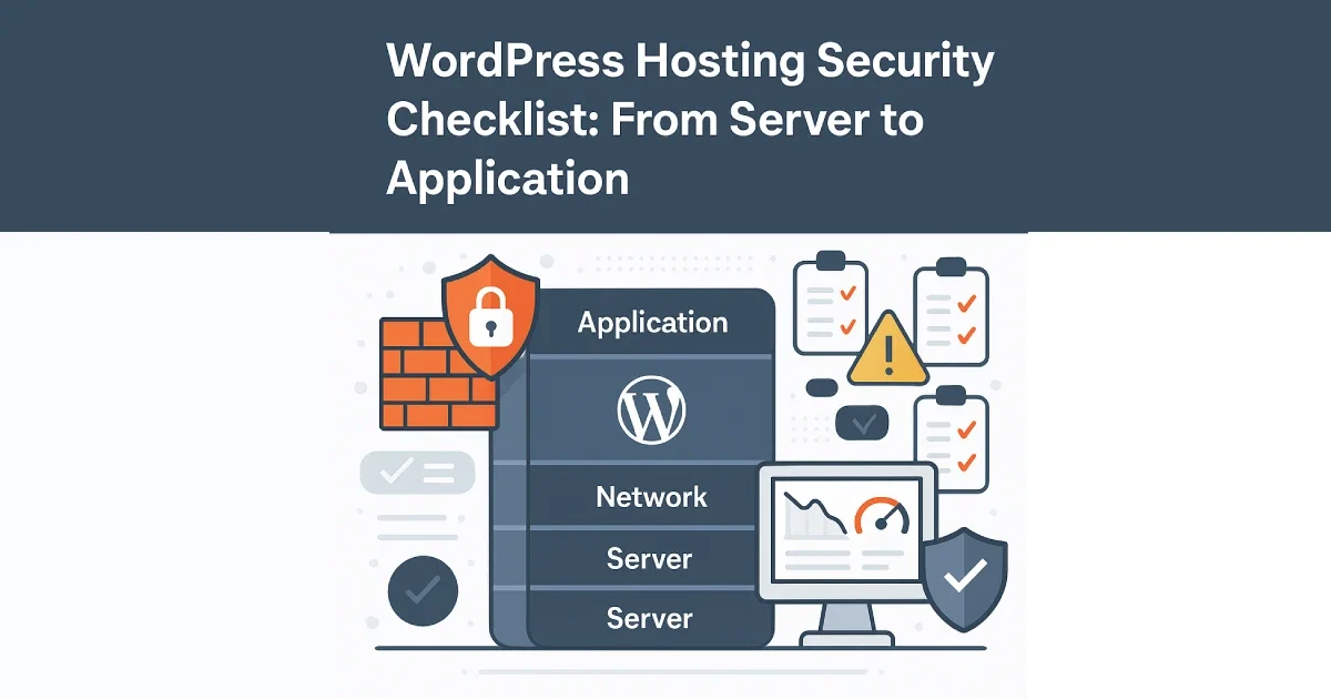 Illustration showing layered WordPress hosting security from server infrastructure to application-level protection, including firewalls, monitoring, and compliance.