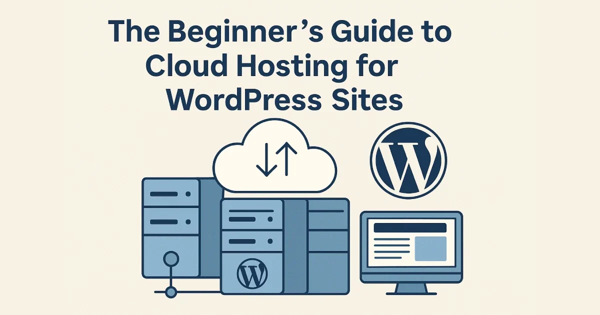 Flat digital illustration showing cloud hosting servers, the WordPress logo, and a computer monitor to represent hosting for WordPress sites.