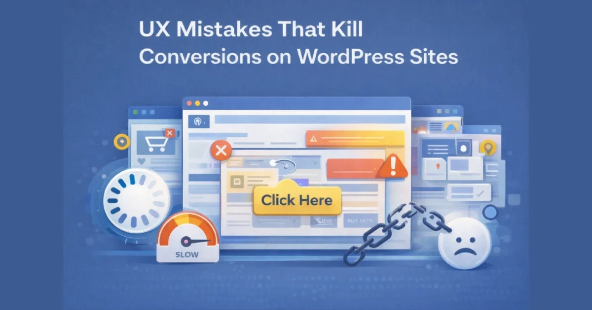 Illustration showing common UX mistakes on WordPress sites that reduce conversions, including slow pages, cluttered layouts, and unclear calls to action.