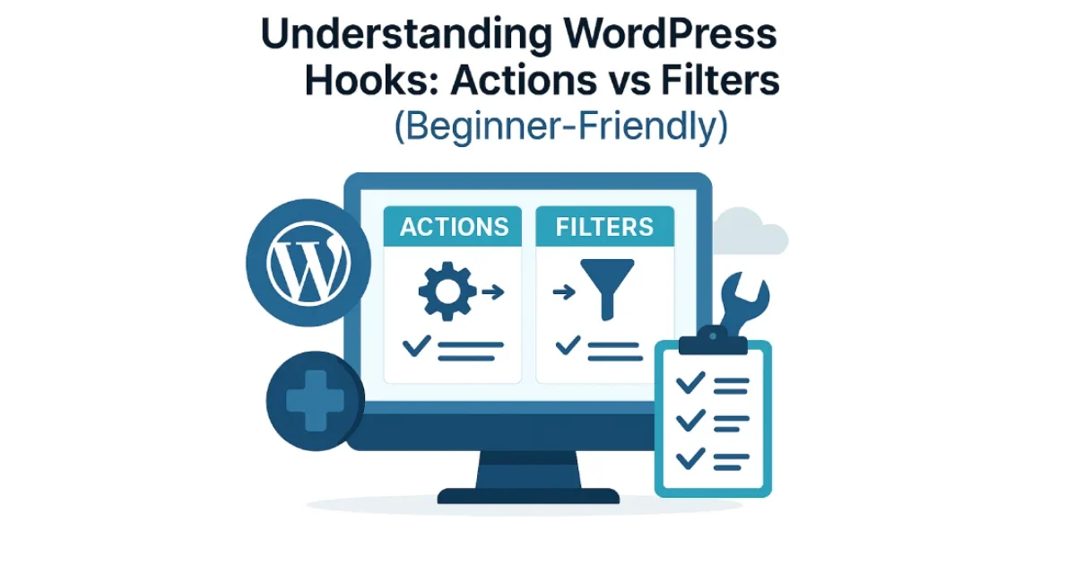 Digital illustration showing WordPress hooks with action and filter icons for a beginner-friendly tutorial.