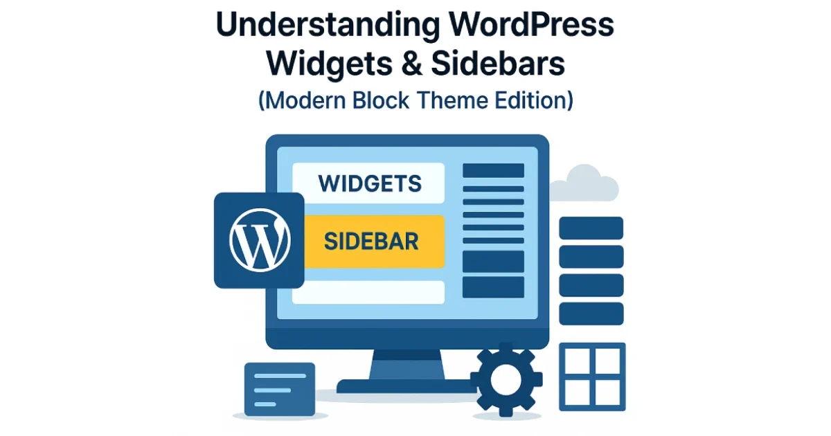 Flat illustration showing WordPress widgets, sidebars, block editor interface, and layout elements.