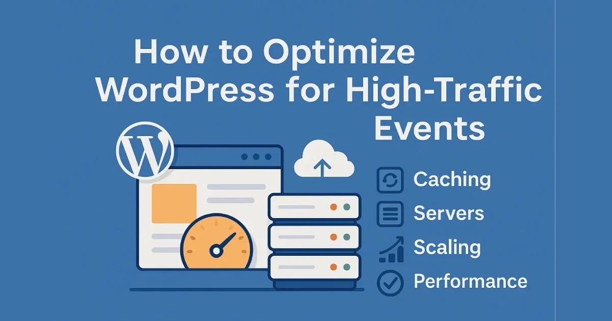 Flat illustration showing WordPress performance optimization for high-traffic events, including servers, dashboards, and scaling icons.