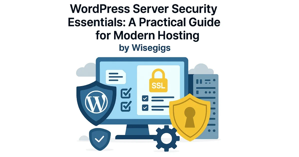 Flat digital illustration showing secure WordPress server environment with shields and locked icons.