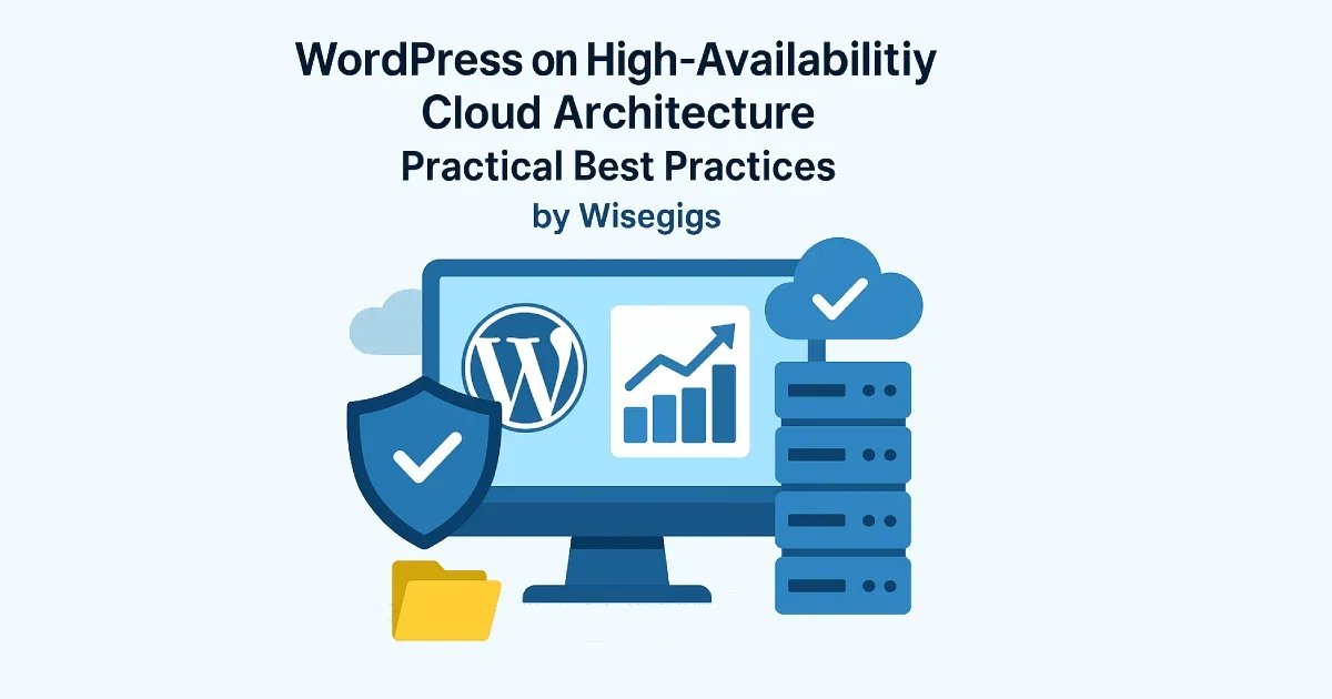 Digital illustration showing WordPress, cloud servers, and high-availability hosting architecture.