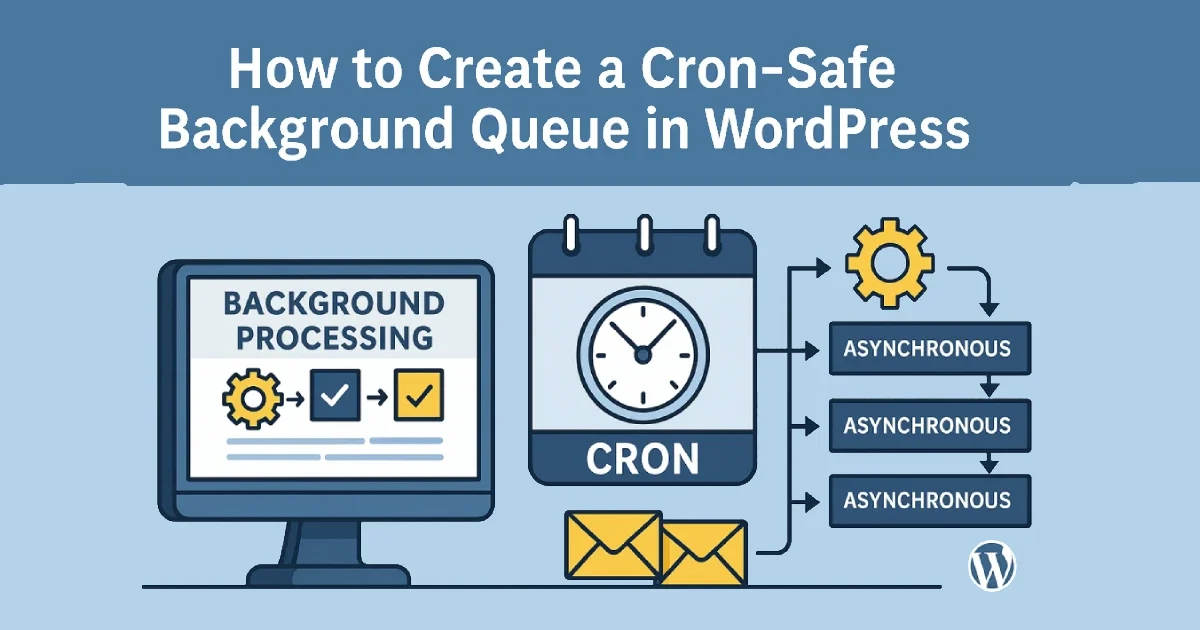 Illustration showing asynchronous background processes, cron scheduling, task queues, and WordPress automation in a clean engineering layout.