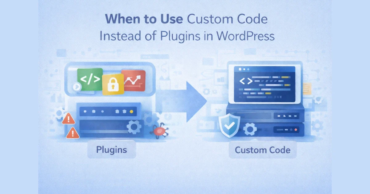 Illustration comparing WordPress plugins and custom code, highlighting performance, control, and maintainability trade-offs.