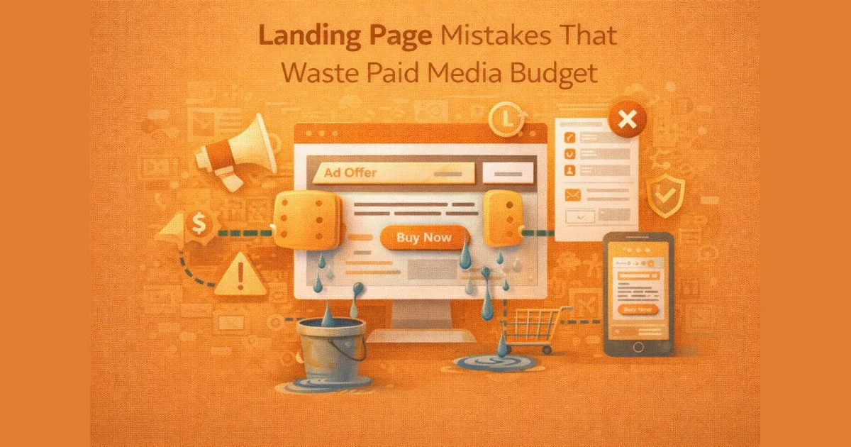 Illustration showing paid media traffic flowing to a poorly optimized landing page with leaks, highlighting common conversion-killing mistakes.