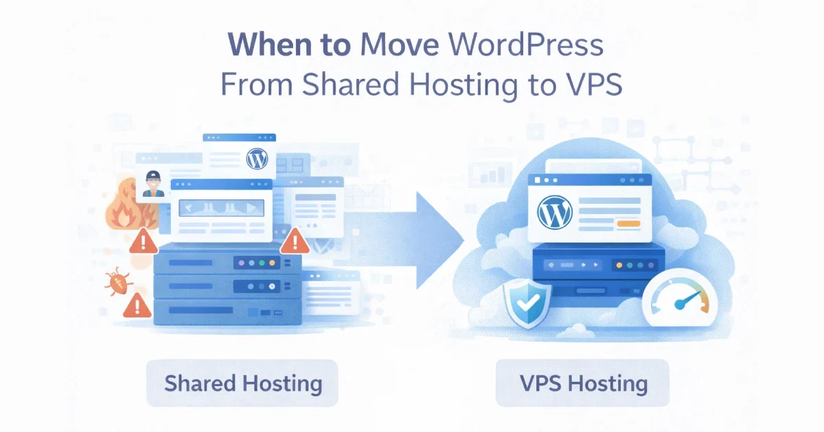 Illustration showing the transition from shared hosting to VPS for a WordPress site, highlighting improved performance, isolation, and scalability.